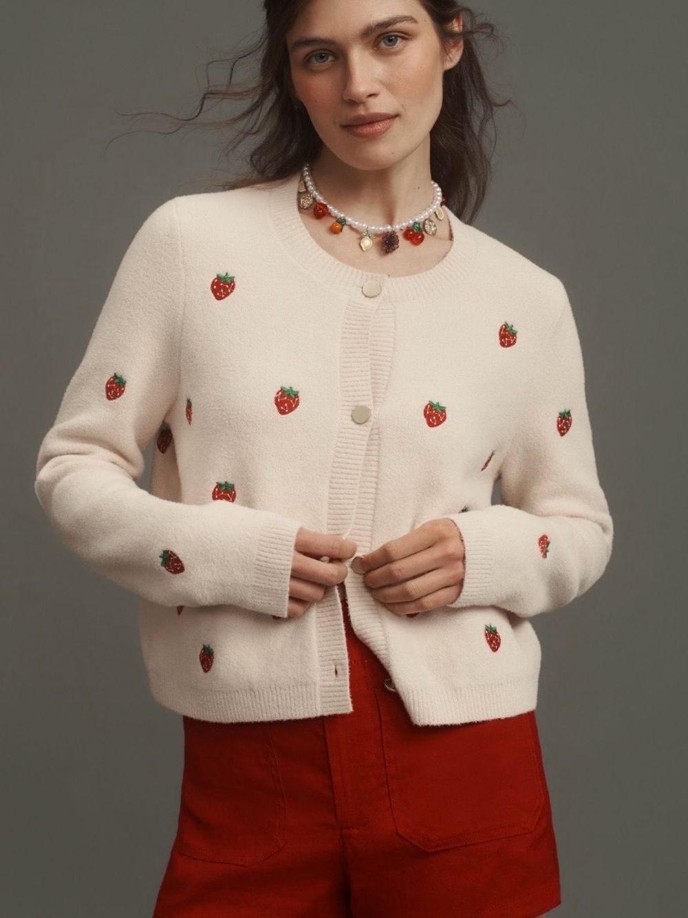 Anthropology NVLT Cream Cardigan with Red Strawberry Embroidery NWOT